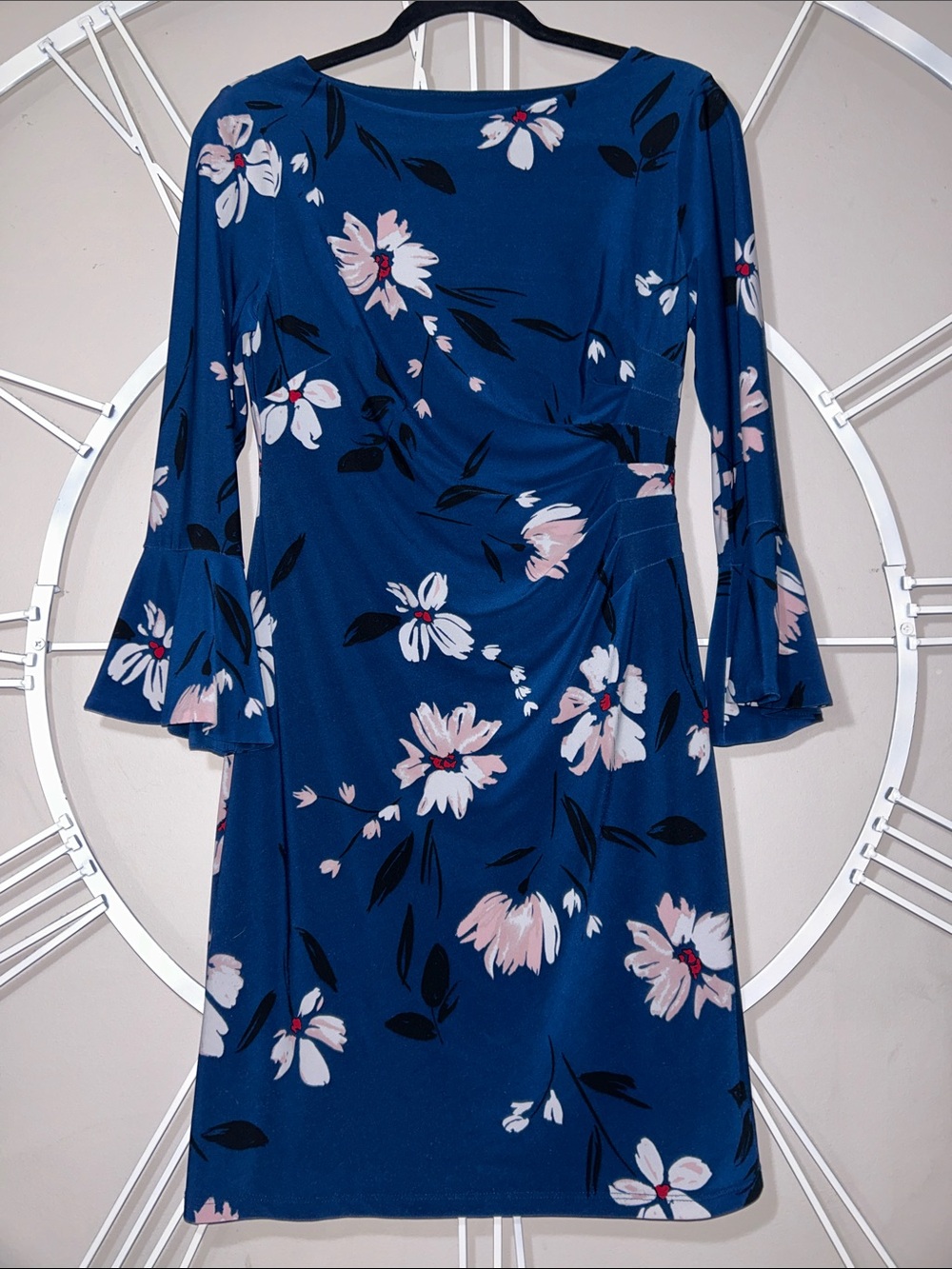 Lauren Ralph Lauren Navy Floral w Bell Sleeves Bodycon Sheath Dress